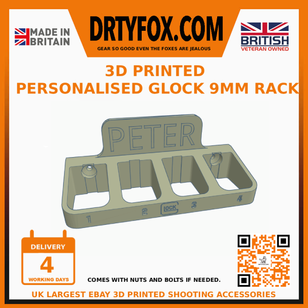 Personalised Glock Magazine Storage Rack for 9mm 4 Magazines, Black