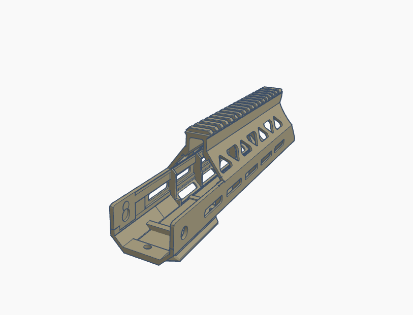 3D model of a firearm upper receiver with a rail system and cutouts for weight reduction.