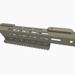 3D rendering of a tactical rail system for firearms with multiple mounting points and a textured grip.