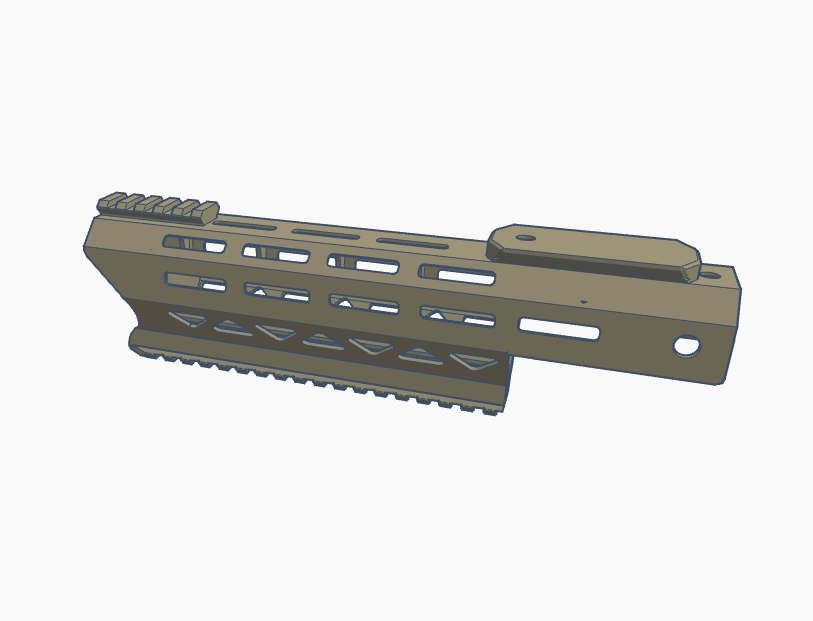 3D rendering of a tactical rail system for firearms with multiple mounting points and a textured grip.