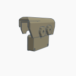 3D model of a mechanical clamp with two adjustment knobs and a mounting base.