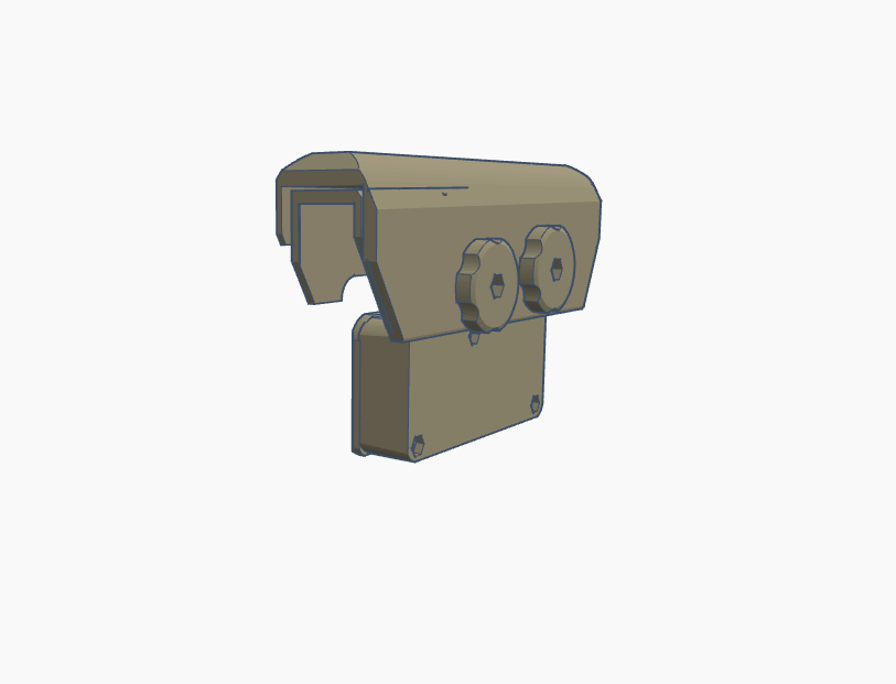 3D model of a mechanical clamp with two adjustment knobs and a mounting base.