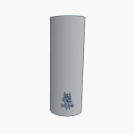 A cylindrical container with a wolf graphic design in blue on a gray background.