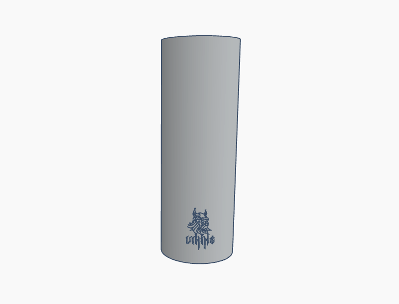 A cylindrical container with a wolf graphic design in blue on a gray background.