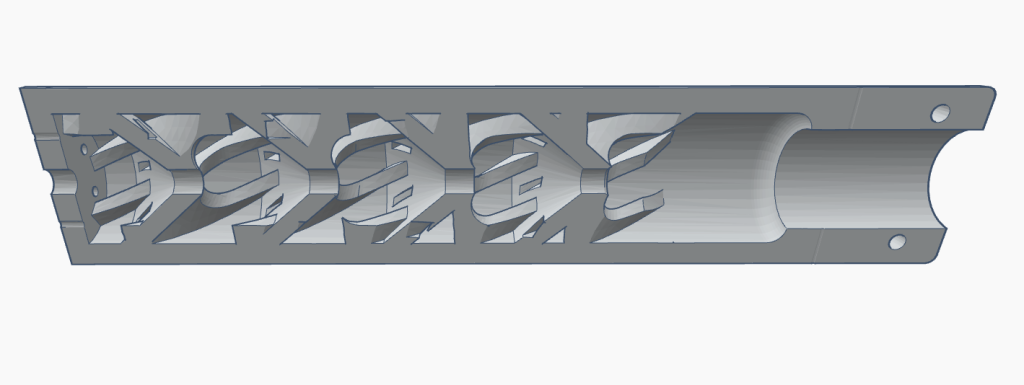 3D rendering of a metal component with intricate cutouts and a cylindrical end, showcasing detailed design features.