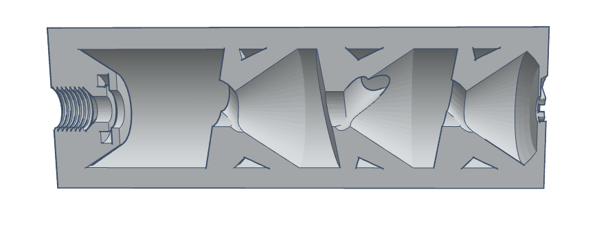 3D rendering of a mechanical component with a helical design and threaded end for assembly.