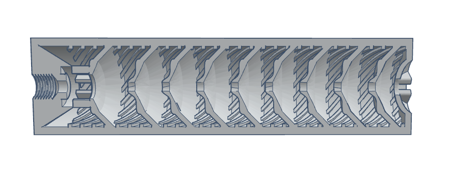 Cross-sectional view of a mechanical component with intricate internal structures and threading.