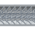 3D rendering of a mechanical screw conveyor with multiple helical blades for material transport.