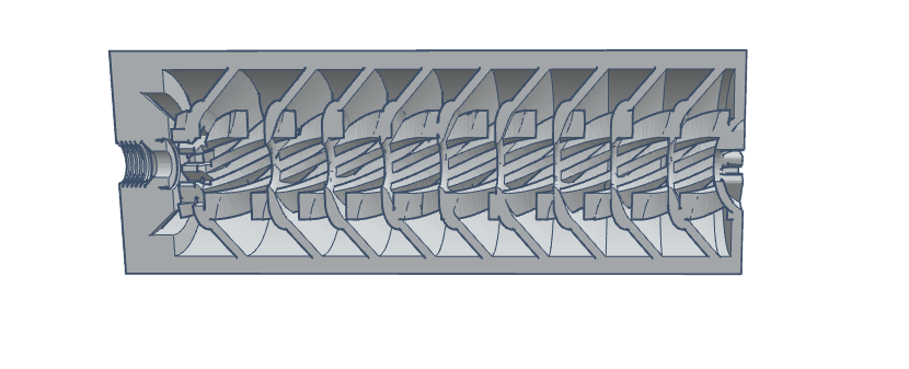 3D rendering of a mechanical screw conveyor with multiple helical blades for material transport.